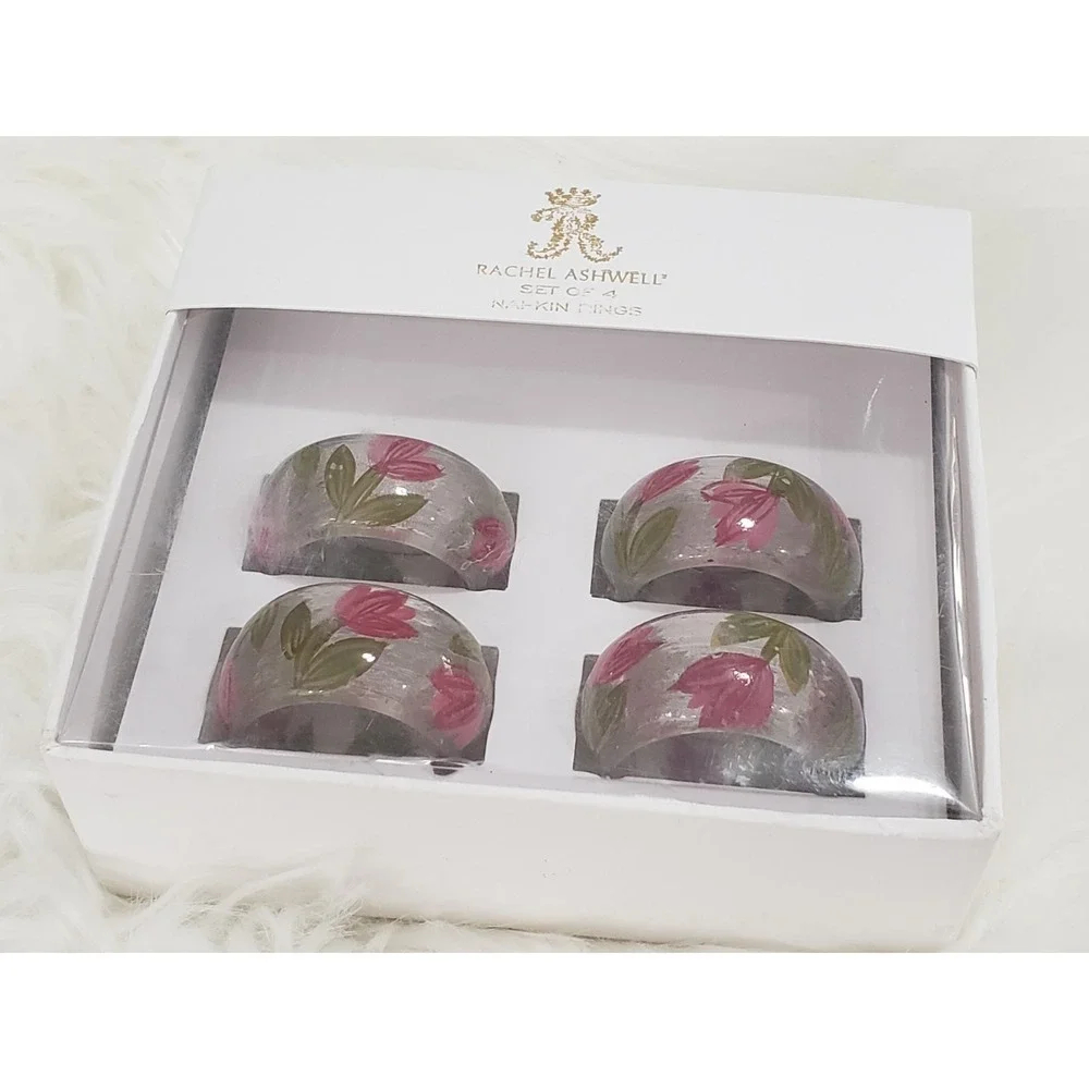 NEW 4 Rachel Ashwell Napkin RINGS‎ CLEAR PINK FLOWERS spring easter maximalist